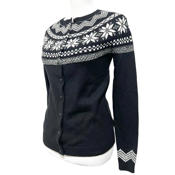 Talbots Snowflake Fair Isle Cardigan Cotton Blend Black & White Women's XS - Picture 3 of 9